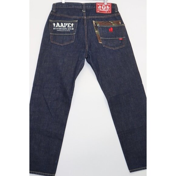 Aape by A Bathing Ape Loose 43X31 Men Indigo Garment Fly Button Camo Back Pocket - Picture 3 of 16